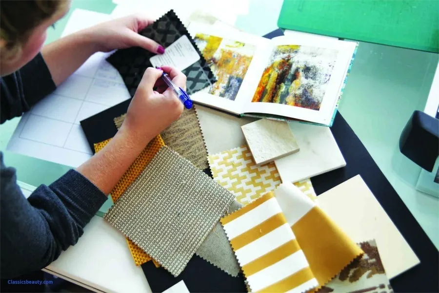 A designer laying out fabric swatches and color samples across a desk