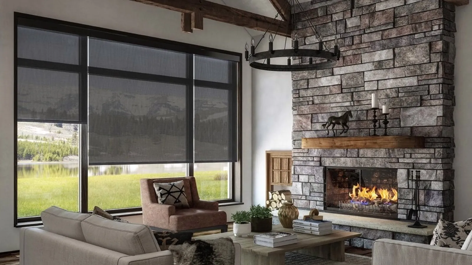 Solar roller shades on a wall of windows in a Puget Sound living room with a stone fireplace